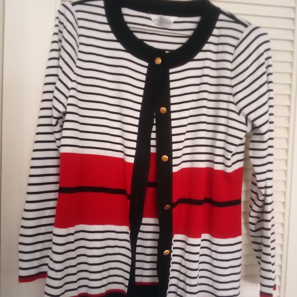 Misook white red and black cardigan sweater. Size medium